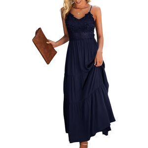 Dokuritu Crochet Lace Maxi Dress Summer Vacation Tiered Feminine Size XL Navy
